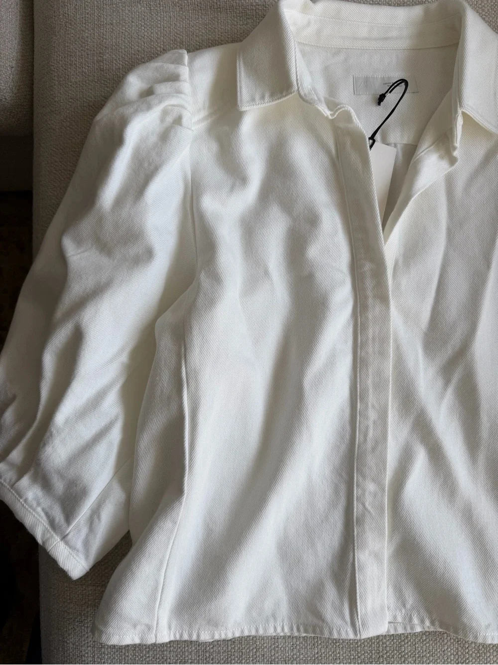 Zara ZW Collection White Denim Puff-Sleeve Button-Front Top - Picture 4 of 8